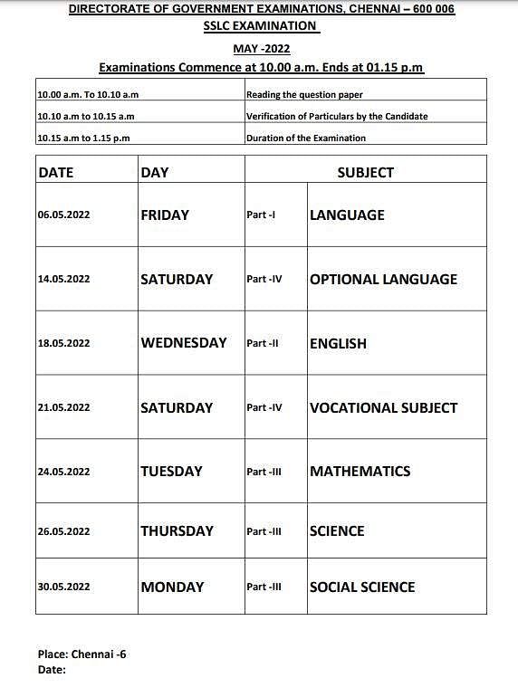 Live Chennai: TN Public Exam Time Table Academic Year (2021-2022),TN ...